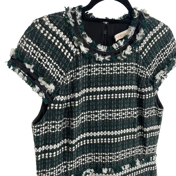 Tory Burch Norfolk Tweed Dress Green White Black Sequin Trim Womens Size 12 - Picture 3 of 7